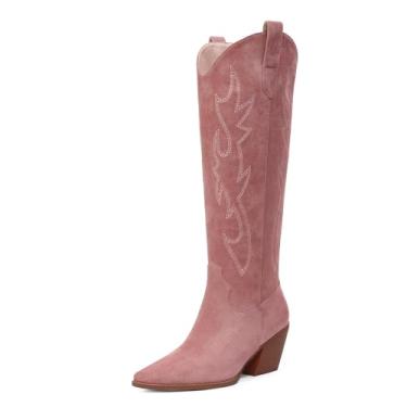 Imagem de iiimmu Botas femininas Cowgirl, cano alto, bico fino, salto bloco, camurça caubói e couro sintético com bordado, Pêssego, 37