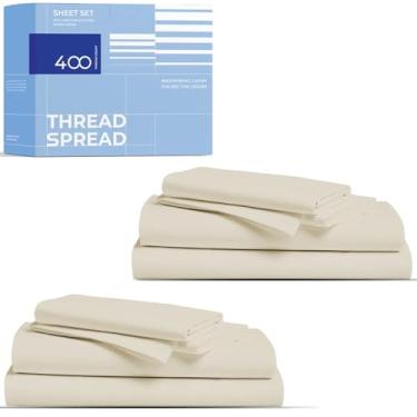 Imagem de THREAD SPREAD Pacote com 2 conjuntos de lençóis de tamanho casal - 400 fios 100% algodão cetim trançado - extra macio, respirável, lençóis de resfriamento de qualidade hoteleira, 2 conjuntos de
