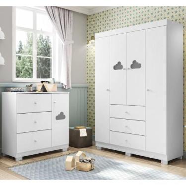 Imagem de Conjunto Infantil Guarda Roupa 4 Portas e Cômoda Duda 100% MDF Branco 