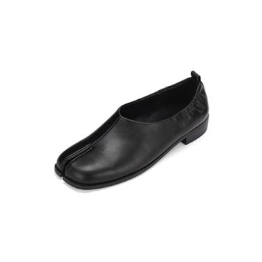 Imagem de Cuctos Mocassins femininos de salto baixo estilo tabi com bico dividido, retrô, cor sólida, couro vegano, macio, sem fecho, casual, sapatos preguiçosos, Preto, 37