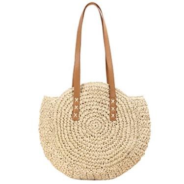 Imagem de SHAREYOIU Bolsa feminina de ombro redonda de palha para férias de praia grande bolsa de mão de tecido feita à mão para o verão, Bege