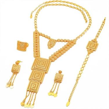 Imagem de Conjuntos de joias de ouro Dubai para mulheres, luxuosos, 4 peças, design longo, banhado a ouro 24K, conjuntos de bijuterias para presentes de aniversário de casamento, dia dos namorados (S-528
