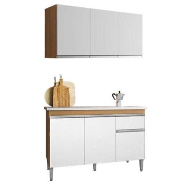 Imagem de Balcão De Pia Tatiane 120cm E Armário Aéreo Andréia 3 Portas Amêndoa B