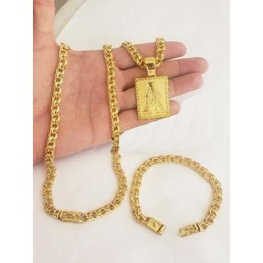 Imagem de Cordão Banhado Ouro 18k Friso Duplo 8mm Pulseira E Pingente - MK Jóias