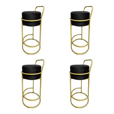 Imagem de Kit 4 Banquetas Alta Redonda Base Dourada Veludo Preto