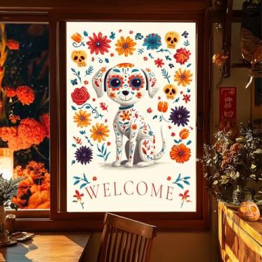 Imagem de HOMETITUTE Filme decorativo Day of The Dead Dog Welcome para janela de Dia das Bruxas, 79 x 129 cm com flores coloridas de crânio de açúcar, aderência estática, para varanda ao ar livre, vidro de