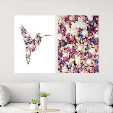 Imagem de Kit 2 Quadros Beija-Flor Com Flores 45X34Cm Moldura Branca - Quadros O
