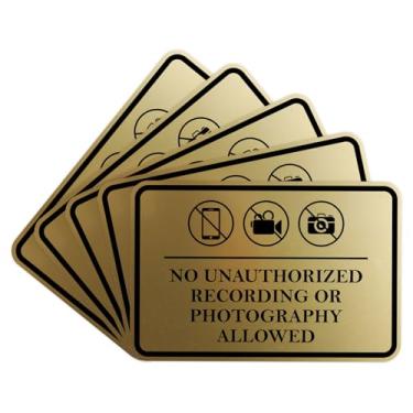 Imagem de Moldura clássica sem gravação não autorizada ou fotografia permitida placa de porta ou parede Material durável | Fácil instalação (ouro escovado) - Médio (pacote com 5)