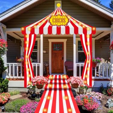 Imagem de Fanfanwin Conjunto de 7 peças de decorações de festa de entrada de carnaval iluminadas decorações de barraca de circo vermelho e branco listrado toldo pendurado faixas corredores de corredor com luz