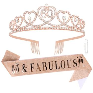 Imagem de CURASA Faixa e coroa de 60 anos de ouro rosa para adultos com strass tiara de aniversário ouro rosa 60 e fabulosa decoração de faixa para presentes de festa