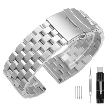 Imagem de SINAIKE Pulseiras de relógio de metal escovado para homens e mulheres de aço inoxidável sólido 18/20/22/24/26 mm pulseira de relógio com fecho duplo fivela de implantação preta prata azul, 24mm, Aço