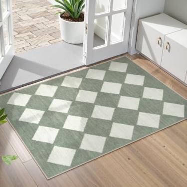Imagem de Lahome Tapetes de cozinha verdes laváveis quadriculados 2x3 antiderrapantes, tapete de porta interno impresso pequeno para entrada, treliça marroquina, tapete ultrafino para decoração de entrada de