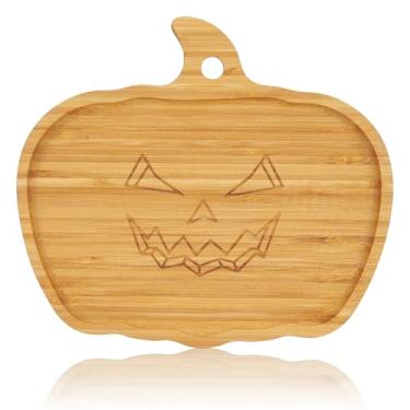 Imagem de WILLKOMMEN Bandeja de servir de Halloween, tábua de charcutaria em forma de abóbora, prato de bambu 25,4 x 23 cm para festa infantil prato de queijo assustador pratos de servir