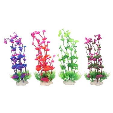 Imagem de Plantas de peixes Plantas artificiais Aquário colorido de aquário colorido Ornamentos para o escritório da família Aquário 4pcs Base cerâmica segura para o material de PVC premium