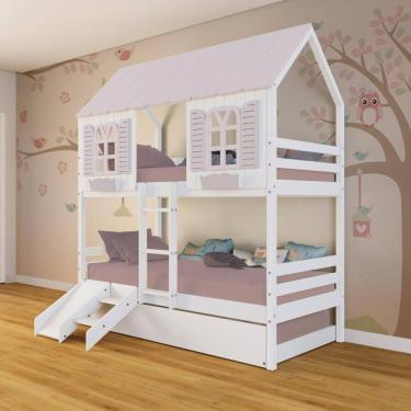 Imagem de Treliche Casinha Bela Kit Escada/Escorregador - Madeira Maciça Branco/Rosa | Megamobilia