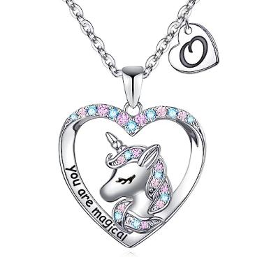 Imagem de Presentes de unicórnios para meninas, pingente de coração CZ banhado a ouro branco 14K You Are Magical Unicorn colar para meninas joias letra inicial unicórnio colares para meninas mulheres unicórnios presentes para meninas adolescentes meninas, Metal, Zircônia cúbica