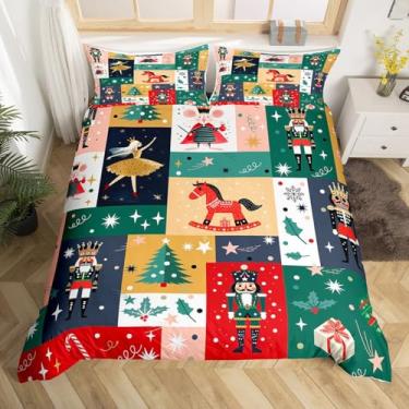Imagem de Conjunto de capa de edredom de Natal com desenho queen, fofo, quebra-nozes, 3 peças, para crianças, adolescentes, colorido, geométrico, quadriculado, cobertura, colcha de pinheiro, selva, 2 fronhas