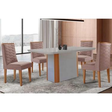 Imagem de Conjunto Sala de Jantar Pietá c/ Tampo Madeirado c/ Vidro Canto Curvo 120x80cm e 4 Cadeiras Dafne Madeira Maciça Naturale/Off White - Capuccino/Linho 