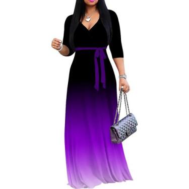 Imagem de Vestido maxi PinkPatty Gradient com decote em V, mangas 3/4, cinto, 2G