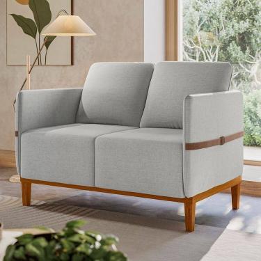 Imagem de Sofá Living 2 Lugares com Pés em Madeira Maciça 129cm Estelí Espresso Móveis Linho Cinza Claro/Sintético Caramelo