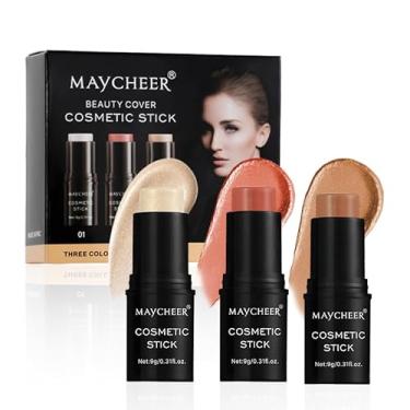 Imagem de 3 palitos de contorno de creme, tons com iluminador, bronzeador e blush, maquiagem iluminadora facial de longa duração e deslizamento suave, caneta de contorno facial não oleosa de longa duração para