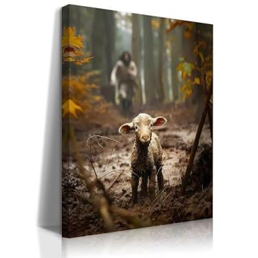 Imagem de Aroutde Arte de parede Jesus o Bom Pastor Jesus e Ovelhas Perdidas Pintura Cristã Inspirada na Fé Decoração de Parede Religiosa para Sala de Oração Sala de Estar Quarto (30 x 40 cm)