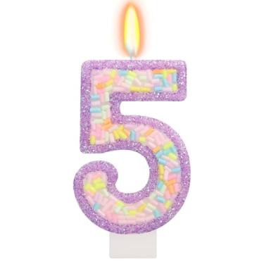 Imagem de ElekFX Vela de aniversário número 5 com granulados, topo de bolo arco-íris de unicórnio roxo pastel, decorações de festa Sweet Candyland para meninas e meninos 5 anos
