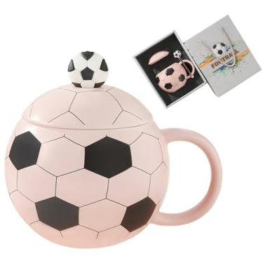Imagem de Caneca de café de cerâmica exclusiva de 400 ml com tampa e colher, canecas engraçadas, presentes de futebol para treinadores, fãs e jogadores, xícaras esportivas legais de futebol, rosa