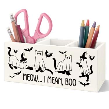Imagem de VIIJJUE Porta-lápis para caneta, decoração de gato preto, presente para amantes de gatos, presente engraçado e assustador para gatos fantasmas de Halloween, organizador de madeira para mesa de mesa