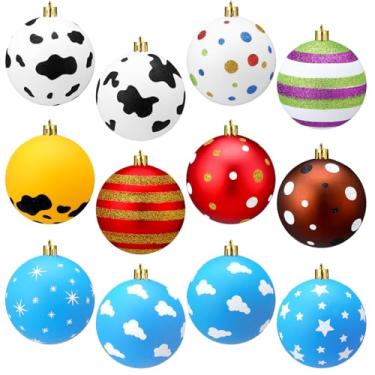 Imagem de Gemscream 12 peças de enfeites de bola de Natal de 8,5 cm, enfeites de bola de plástico de desenho animado, árvores de Natal coloridas, decorações para pendurar para decoração de festa de Natal