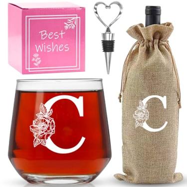 Imagem de AiHeart Presentes personalizados para mulheres, taças de vinho com monograma A-Z, presentes para mulheres, taça de vinho para caixa de presente, presentes de aniversário para mãe, irmã, avó-C