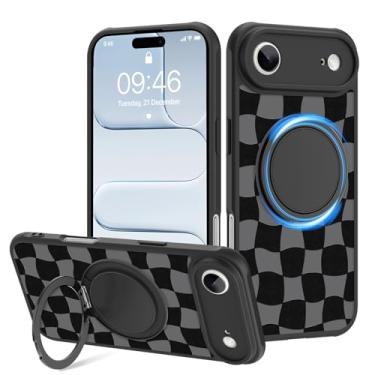 Imagem de Fiyart Capa projetada para iPhone Air 2025 suporte de anel quadriculado com suporte magnético compatível com proteção de lente de câmera MagSafe para mulheres e homens, tabuleiro de xadrez de 6,6