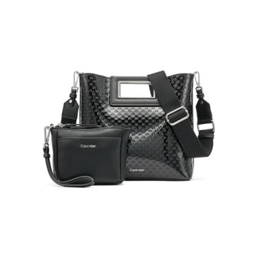 Imagem de Calvin Klein Bolsa tiracolo Eira North/South com bolsa removível, relevo patenteado, preto/prata, tamanho único