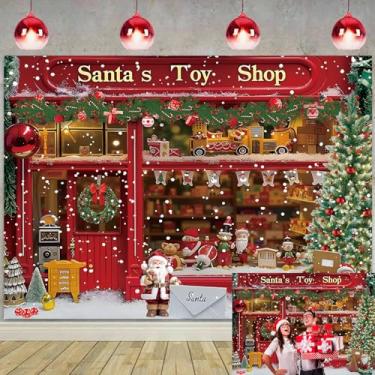 Imagem de Pano de fundo vermelho da loja de brinquedos de Natal do Papai Noel, vintage, casa, árvore de Natal, neve, janela, fotografia, fundo para crianças, adultos, inverno, Natal, Ano Novo, decoração de