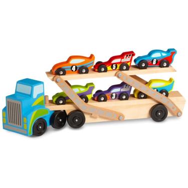Imagem de Caminhão Transportador de Carros de Corrida, Trator e Trailer de Madeira com 6 Carros Exclusivos, Melissa & Doug