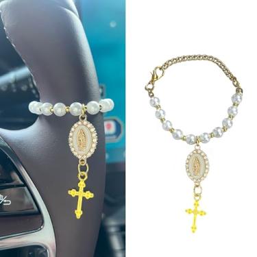 Imagem de spansee Acessório de rosário de volante, cruz para carro, rosário de carro, pingente de volante, pingente de rosário católico com pingente e crucifixo da Virgem Maria, acessórios para carros cristãos