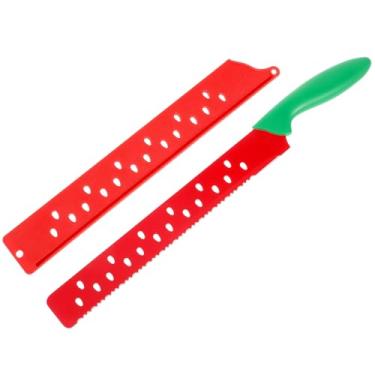 Imagem de Luxshiny Facas de Melancia Com Manga Serrilhada, Cortador de Pão, Cortador de Melão para Cozinha, Uso Em Festas, Aço Inoxidável Vermelho