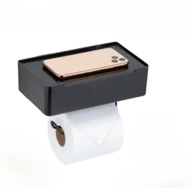 Imagem de Papeleira Banheiro, Suporte Papel Higienico E Lenco Umedecido com Porta para Celular, Elegante E Conforto, em Paredes de Superfície Lisa(PRETO)