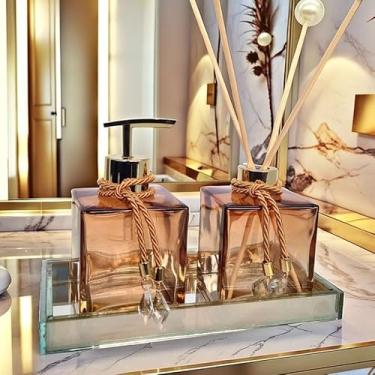 Imagem de Kit Lavabo Luxo Completo - Difusor de Ambiente com Varetas Decoradas para Banheiro Elegante (Branco Degrade C/Dourado,Com Bandeja)