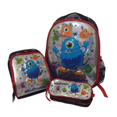 Imagem de Kit Mochila Infantil Clio Escolar Monstrinho c/ Lancheira e Estojo FT71135 - Vermelho-Masculino