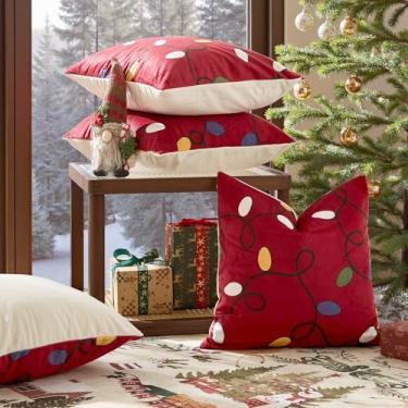 Imagem de jinchan Capas de almofada de decoração de Natal 50 x 50 cm, capas de almofada de sofá de arte neon de Natal, decorações vermelhas de férias de inverno para sofá-cama sala de estar, fronhas quadradas