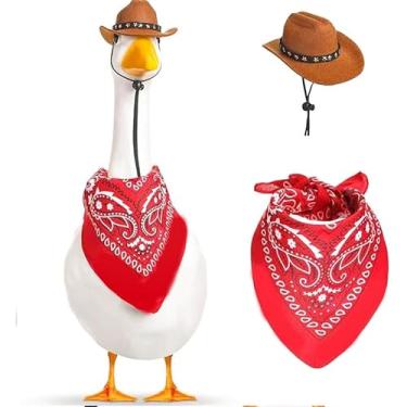 Imagem de Roupas de ganso de varanda, roupas de fantasia de ganso de caubói de plástico de cimento de gramado com chapéu de cowboy para decoração de jardim e quintal