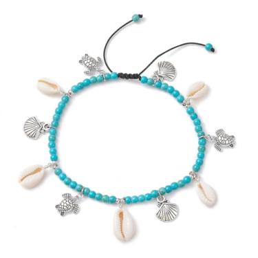 Imagem de Tornozeleiras femininas verão praia corrente para pés turquesa contas de sementes tornozeleira joias modernas presente, 6.7~11.5cm, Turquesa sintética, Sem Pedra Preciosa