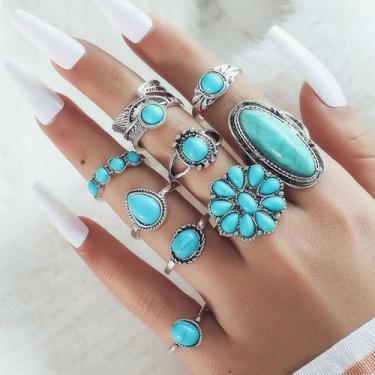 Imagem de Anéis turquesa para mulheres, joias de dedo empilháveis, estilo boho, chique, estilo ocidental, estilo boêmio