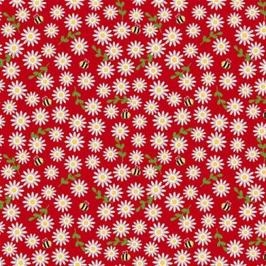Imagem de Tecido Tricoline Margaridas e Mini Abelhas Fundo Vermelho - Coleção Si