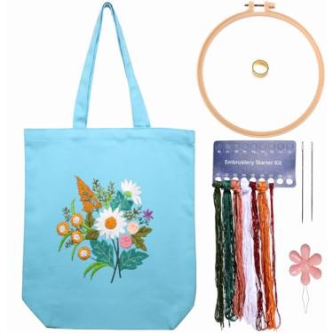 Imagem de Bolsa de lona kit de bordado com padrão para iniciantes, artes e kits de artesanato de bordado DIY para adultos, instruções, dedal, argolas de bordado, fios coloridos (azul claro, CR002 chenhuicaoxin)