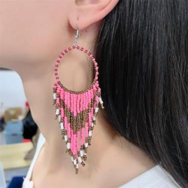 Imagem de Brincos femininos com franja longa com pingente boho com contas de bola boho com corrente de argola e franja de gancho pendurado, lustre tribal, joia exagerada para apanhar sonhos, Large, Metal, Sem