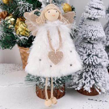 Imagem de 1 enfeite de gota de árvore de Natal pingente de asa de pelúcia curto veludo anjo fada doméstica decoração de prateleira, 16 x 10 x 3 cm (branco)