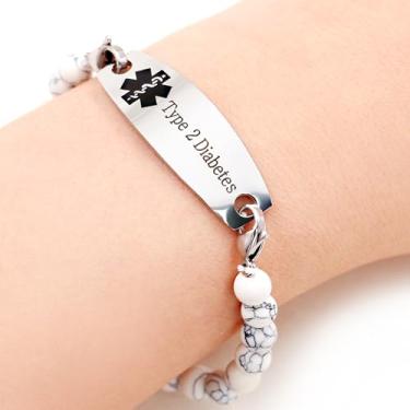 Imagem de Pulseira de aço inoxidável branca turquesa ajustável para enfermeira de emergência | Placa de identificação médica intercambiável com símbolo médico preto | Epilepsia gravada, diabetes tipo 1 e 2