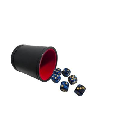 Imagem de TOPTAN PU Leatherette Dice Cup with 6 D6 Black and Blue Dice for Yahtzee Farkle Bar Party Dice Games